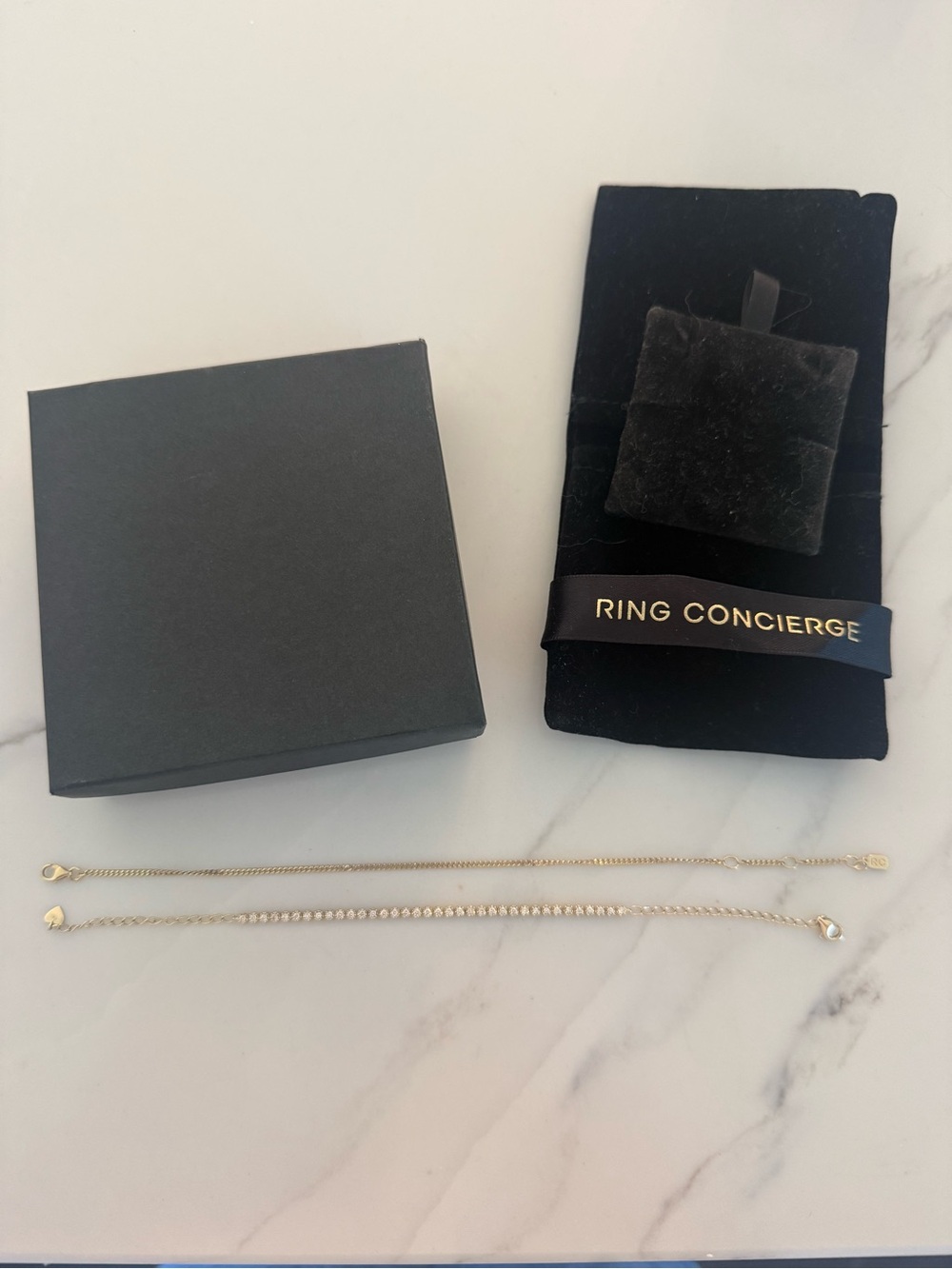 Ring Concierge yellow gold mini diamond tennis bracelet & curb chain bracelet